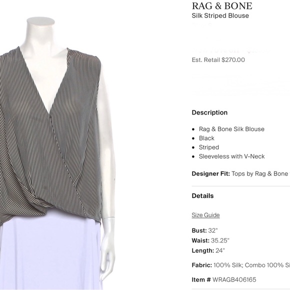 rag & bone Victor black/white stripe sleeveless silk blouse Size Small. NWT! - Picture 7 of 8